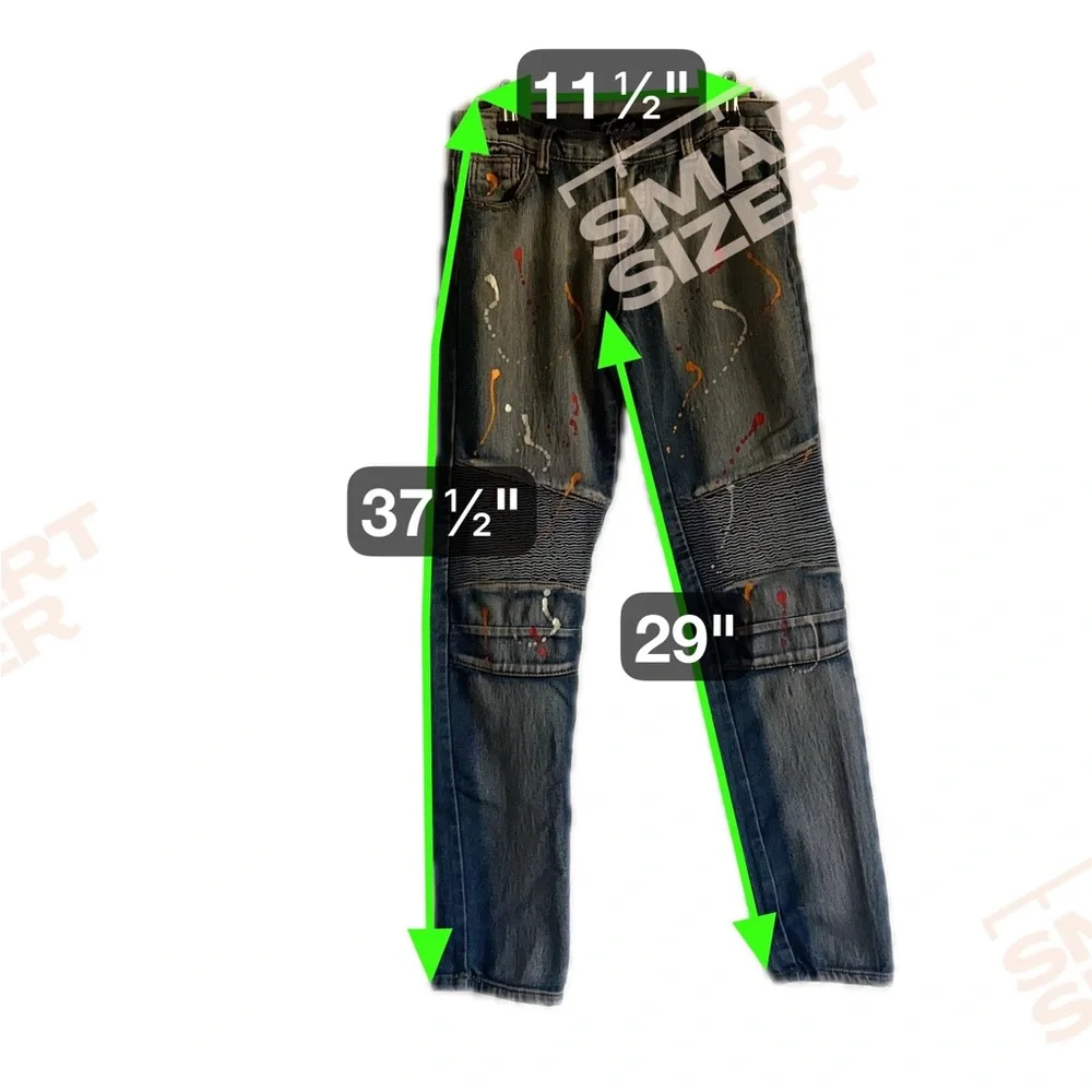Thrill Blue Denim Skinny Jeans with Artistic Splatter,Streetwear, Biker,Edgy